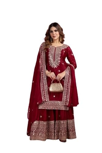 Brulry Women's Red Embroidered Chinnon Silk Kurta with Palazzo & With Dupatta