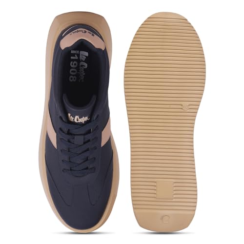 Lee Cooper Men’s Lace-Up Casual Sneakers with White Side Stripe, Perforated Detail & Cushioned Thick Sole – Lightweight Everyday Comfort Fashion Shoes | Navy, 45