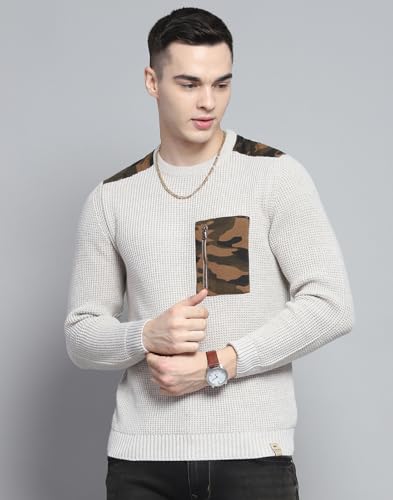Monte Carlo Mens Self Design Beige Round Neck Full Sleeve Pullover
