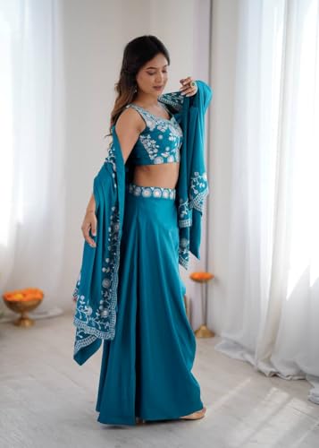 MARUTI FASHION HOUSE Lehenga Choli Indo-Western Draped Saree Set For Womens And Girls Ready To Wear Hevay Crep Silk Fabric With Work Multi Thread Embroidery Coding Sequence Light teal