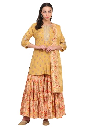 W for Woman Yellow Floral Print Zari Embroidered Straight Shantung Kurta with Sharara and Dupatta Set (WS11769-125062-L)