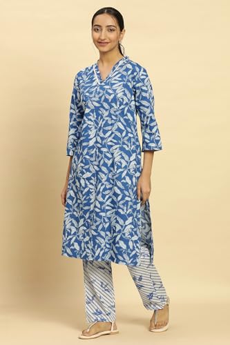 W for Woman Women's Cotton Kurta & Straight Pant (24FEWS10735-123552_Royal Blue