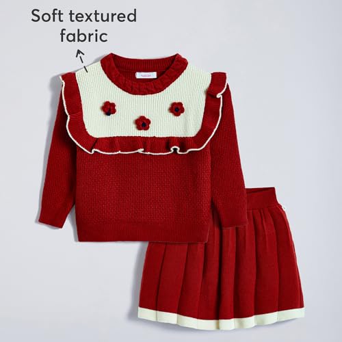 Hopscotch Girls Full Sleeves Red Floral Sweater & Skirt Set (3-4 Years)