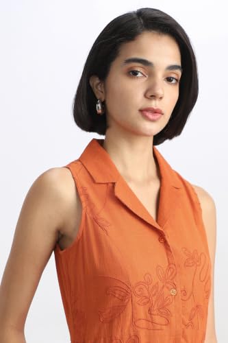 Women Orange Embroidered Casual Dress