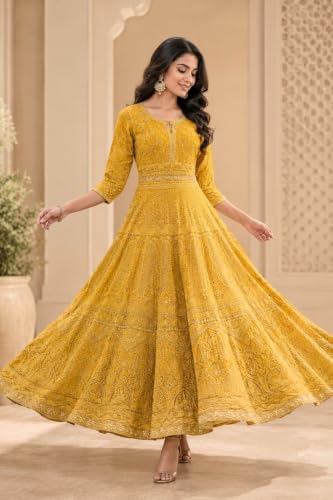 RIDDHI SIDDHI LTD Women's Yellow Anarkali Gown with Chikankari Embroidery