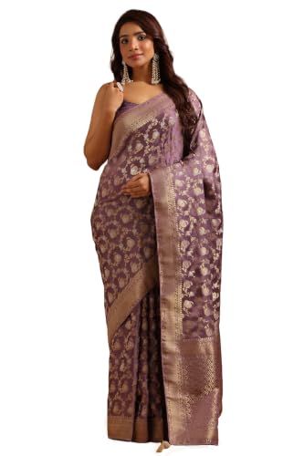 Soch Womens Lavender Satin Botanical Zari Woven Saree