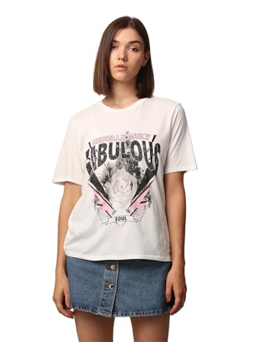 ONLY Women Graphic Printed Regular Fit Casual White Round Neck T-Shirt