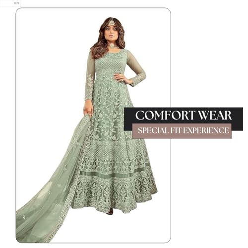 Divine International Trading Co Women's Net With Heavy Embroidery Work Long Anarkali Gown Salwar Suit Dupatta (Unstitched_SanjanaO-8397-Green)