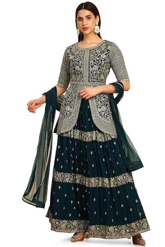 Soch Womens Teal Green Georgette Embroidered Lehenga Choli With Mirror Work