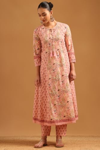 Soch Womens Pink Cotton Floral Printed Salwar Suit With Lace