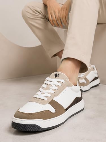 Cantabil Men's White & Beige Colourblock Casual Sneakers
