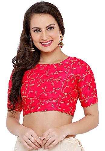 SALWAR STUDIO S Women's Rani Cotton Silk Embroidered Readymade Saree Blouse -SSB2445-RANI