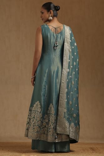 Soch Womens Teal Shimmer Zari Woven Suit Set With Stone Work