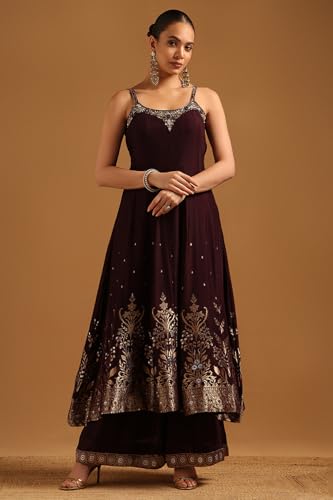 Soch Womens Wine Brocade Zari Woven Salwar Suit With Stone Work