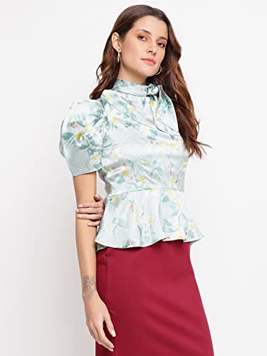 Latin Quarters Women Green Tie Neck Half Sleeve Floral Top for Casual Wear_M