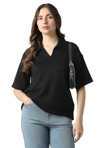Women Black Solid Formal Stylized Neck Top