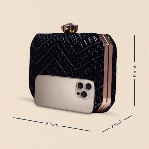 Artklim Black Based Sequins Embroidery Fabric Clutch Bag For Women With Detachable Chain