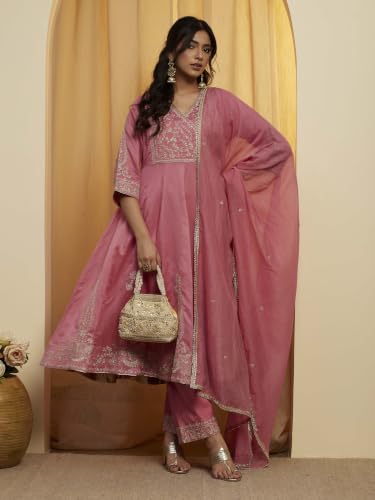 BIBA 84% Cotton 16% Silk Solid Semi-Formal Anarkali Kurta With Palazzo And Dupatta