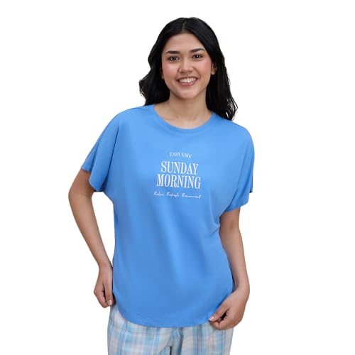 NYKD Buttery Soft Modal Cotton Graphic Tee for Women with Extended Sleeves – Comfortable Relaxed Fit, Stylish Design, Model NYS935 Blue