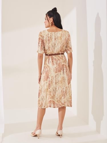 Latin Quarters Women's Beige Printed Half Sleeves Square Neck Casual A-Line Dress_XL