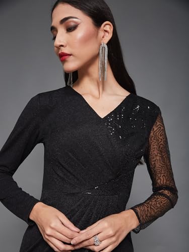Miss Chase Women's Fit and Flare Full Length Pleated V-Neck Full Sleeve Dress (MCAW23D13-86-62-07, Black, 2XL)