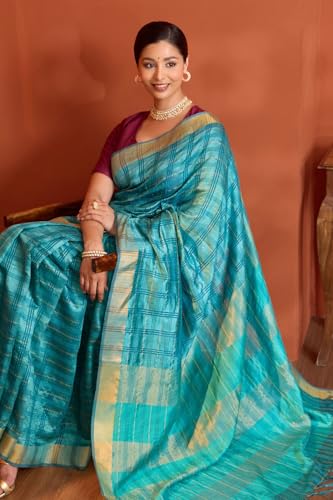 Taneira Women Blue Bhagalpur Woven Pure Tussar Silk Saree with Unstitched Blouse Piece (SAPH01AB1307-Blue)