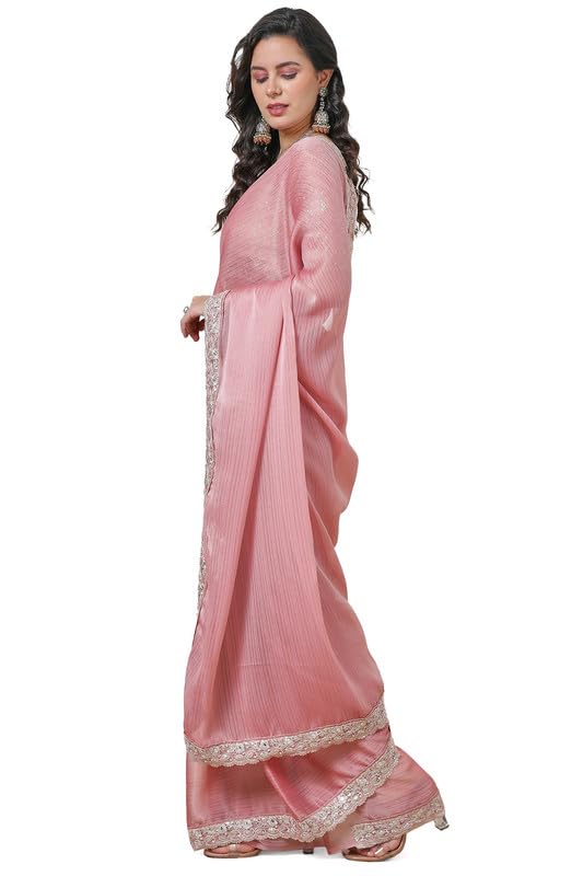 Soch Womens Blush Pink Chiffon Striped Saree with Zardosi Border