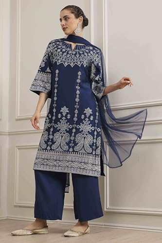 Biba Women Blue Polyester Blend Straight Printed Suit Set_46
