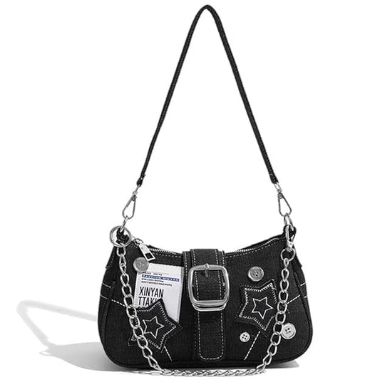 Denim Shoulder Bag for Women, Canvas Aesthetic Crossbody Bag, Lightweight Hobo Handbags, Retro Messenger Bag for Teen Girls, Casual Style Jeans Purse for everyday Use with Zipper Pockets (Black Chic)