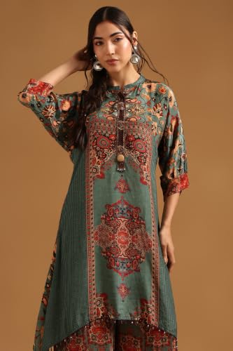 Soch Womens Green Crepe Ethnic Motifs Printed Co-Ord Set With Beads