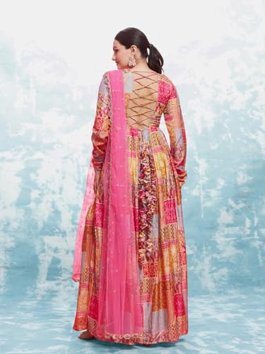 FUSIONIC Elegant Coral Print Gown with Dupatta