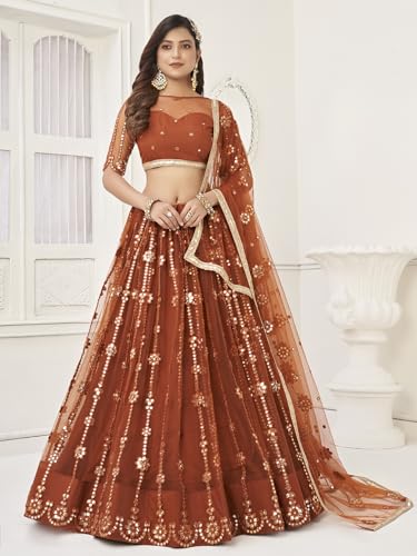 Zeel Clothing Womens Net Lehenga Choli Semi-Stitched Brown Wedding Bridal Free Size