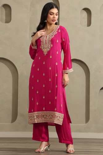 Soch Womens Fuchsia Chinon Ethnic Motifs Zari Embroidered Salwar Suit With Sequins