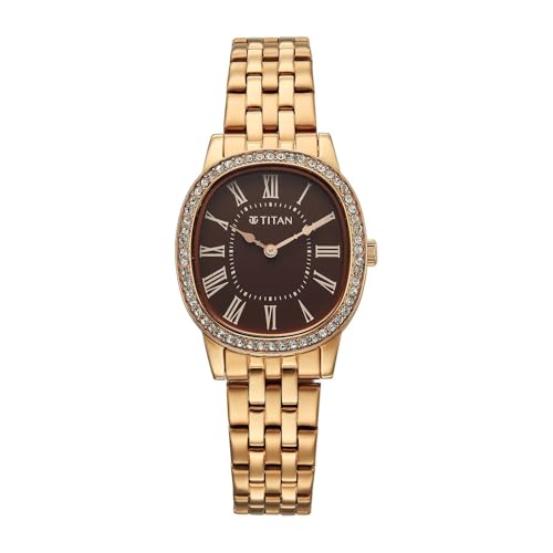 Titan Glamour Quartz Analog Brown Dial Rose Gold Stainless Steel Strap Watch for Women