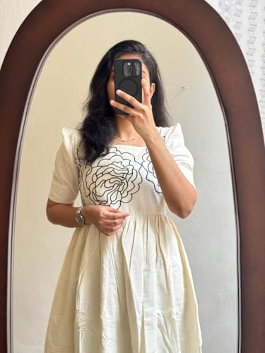 Kalanagri Floral Hand Block Print Cotton Midi Dress with Square Neck & Puff Sleeves Casual Fit & Flare Dress (Off White - XXL)