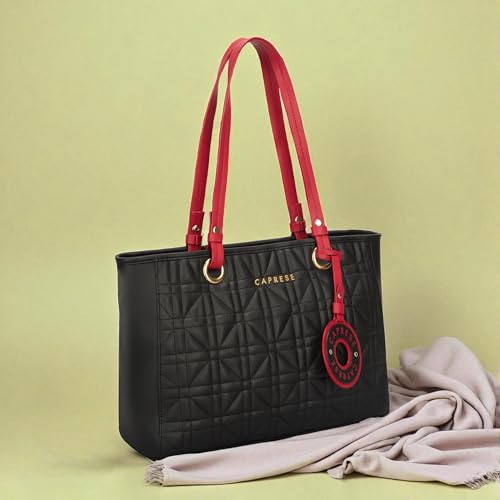 Caprese Aimee Medium Quilted Faux Leather Tote Bag for Women | Multi-Compartment Zippered Shoulder Handbag with Detachable Charm | Perfect for Work, Travel & Shopping (Black)
