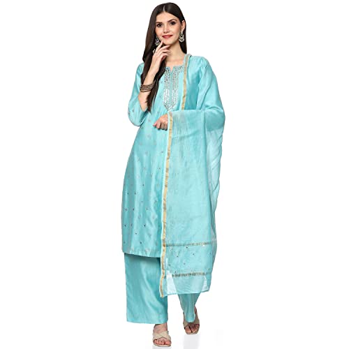 BIBA Women's Ethnic Turquoise Cotton Kurta Suit Set (Size_2XL)
