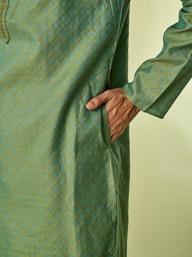 DIWAS BY MANYAVAR Men's Viscose Blend Self Design & Embroidered Kurta Set (Light Mid Green,XL)
