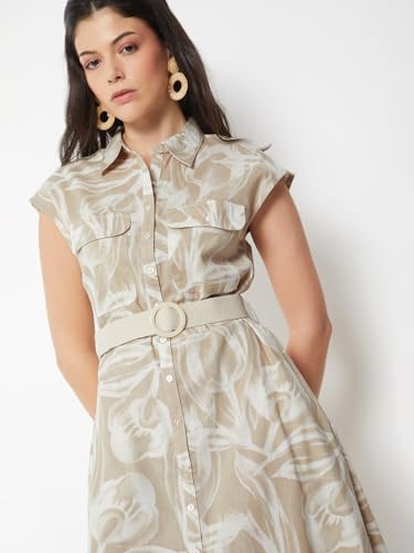 Max Women Printed Belted Shirt Dress (Beige_M)