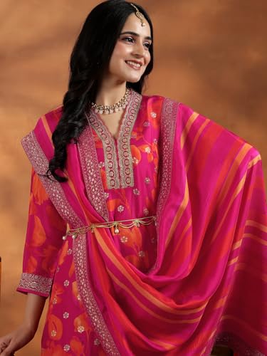 Libas Womens Printed Silk Blend Straight Kurta With Trousers and Dupatta
