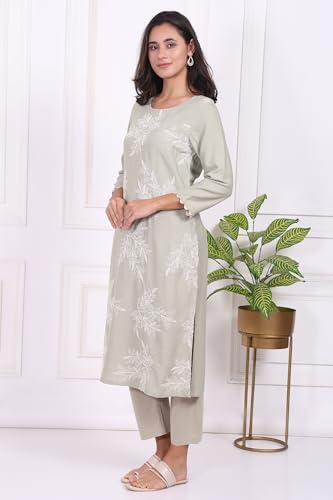 W for Woman Green Floral Printed Embroidered Rayon Straight Kurta and Pants Set - (WS13697-401078-3XL)