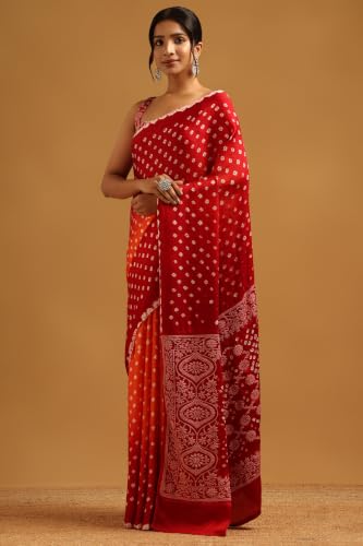 Soch Womens Orange Modal Silk Bandhani Print Saree