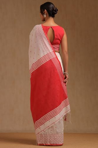Soch Womens White Cotton Woven Design Saree