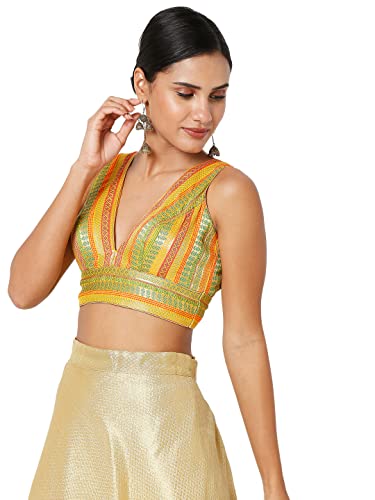 SALWAR STUDIO S Women's Yellow Multi Brocade Self Design Readymade Saree Blouse-SSB4195-YMLT