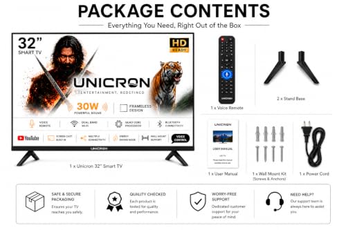 UNICRON 32 Inch Frameless Smart LED TV | Voice Control Android Smart TV | Bluetooth, WiFi, Screen Mirroring | HD Ready Display | HDMI, USB Connectivity | Smart Television for Home | Premium Glass