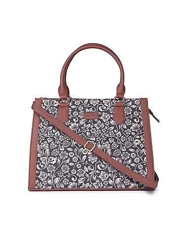 ZOUK FloMotif Floral Printed Jute Handcrafted Vegan Leather Black Women's Satchel Bag | Ladies Purse Handbag | Double Handle Detachable Strap