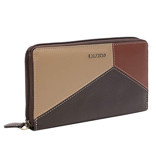Calfnero Women's Genuine Leather wallet-Long Purse Wallet with Multiple Card Slots, Zip Pocket and Note Compartment (Brown -Multi)