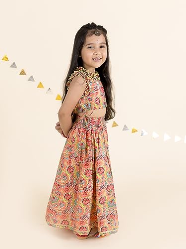 Pspeaches Girl's Coral Blue Printed Ready To Wear Cotton Readymade Lehenga Choli (Orange-8-10Y)