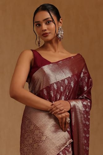 Soch Womens Wine Georgette Floral Zari Woven Saree