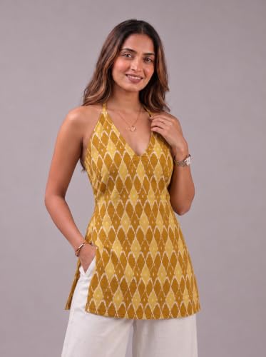 Rangrooh Women's Cotton Printed Short Corset Kurti | Halter Neck Sleeveless Backless Lace-Up Tie | Indo-Western Summer Ethnic Kurti (Yellow) - L